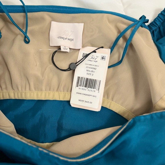 Cinq á Sept Minella Off-the-Shoulder Ruffled Satin Mini Dress in Teal - Picture 9 of 9